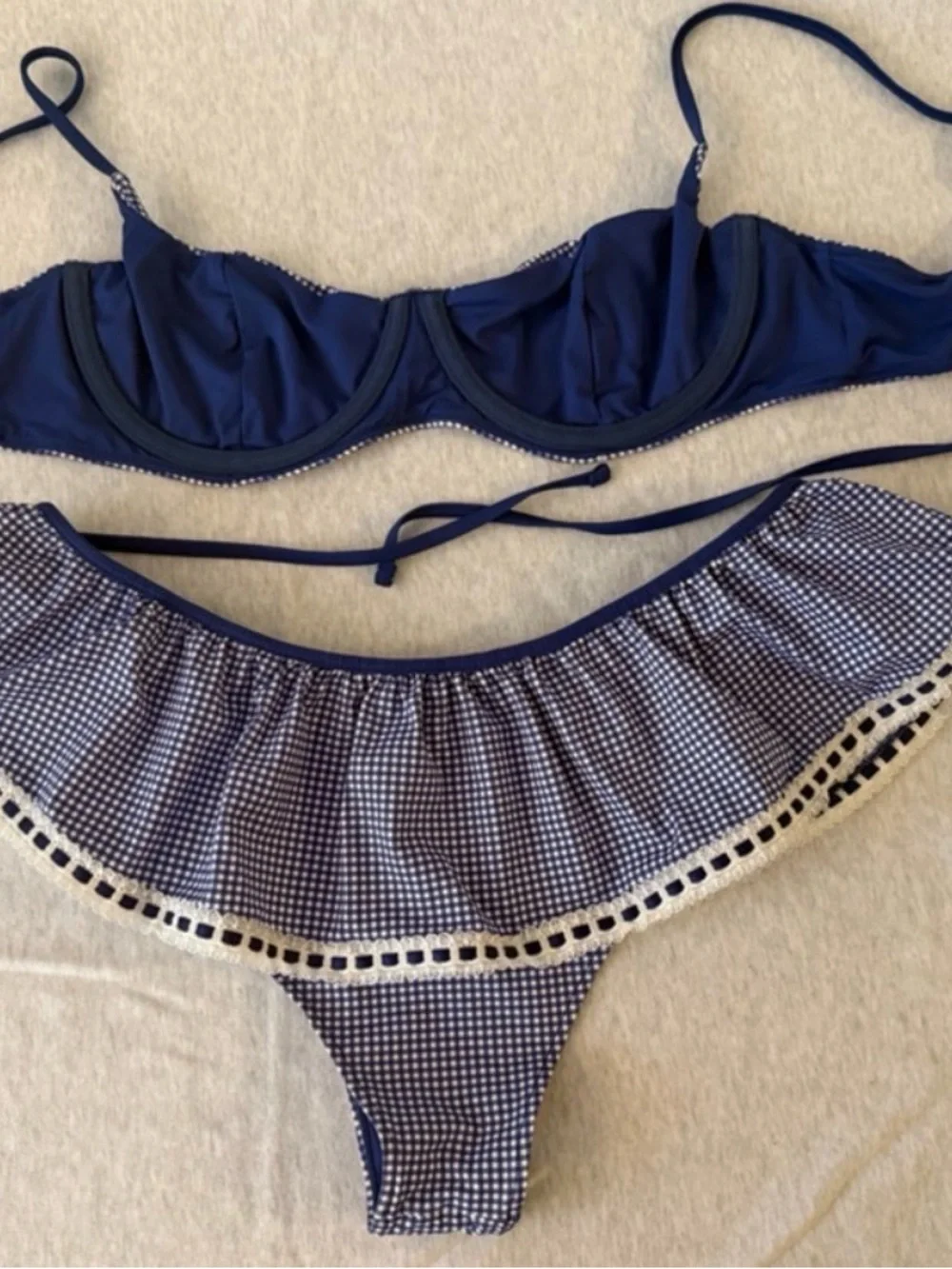 Frankie's Bikinis | Navy Gingham Check Ruffle Bikini Bottom | Navy / White | XL